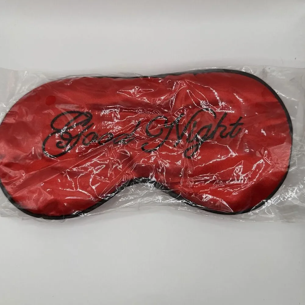 Red Satin Sleep Eye Mask Good Night Embroidered Adjustable Band Travel Blindfold